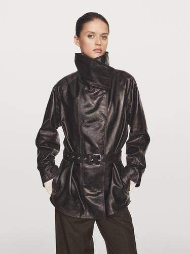 Zara Nappa leather jacket with belt - Brown