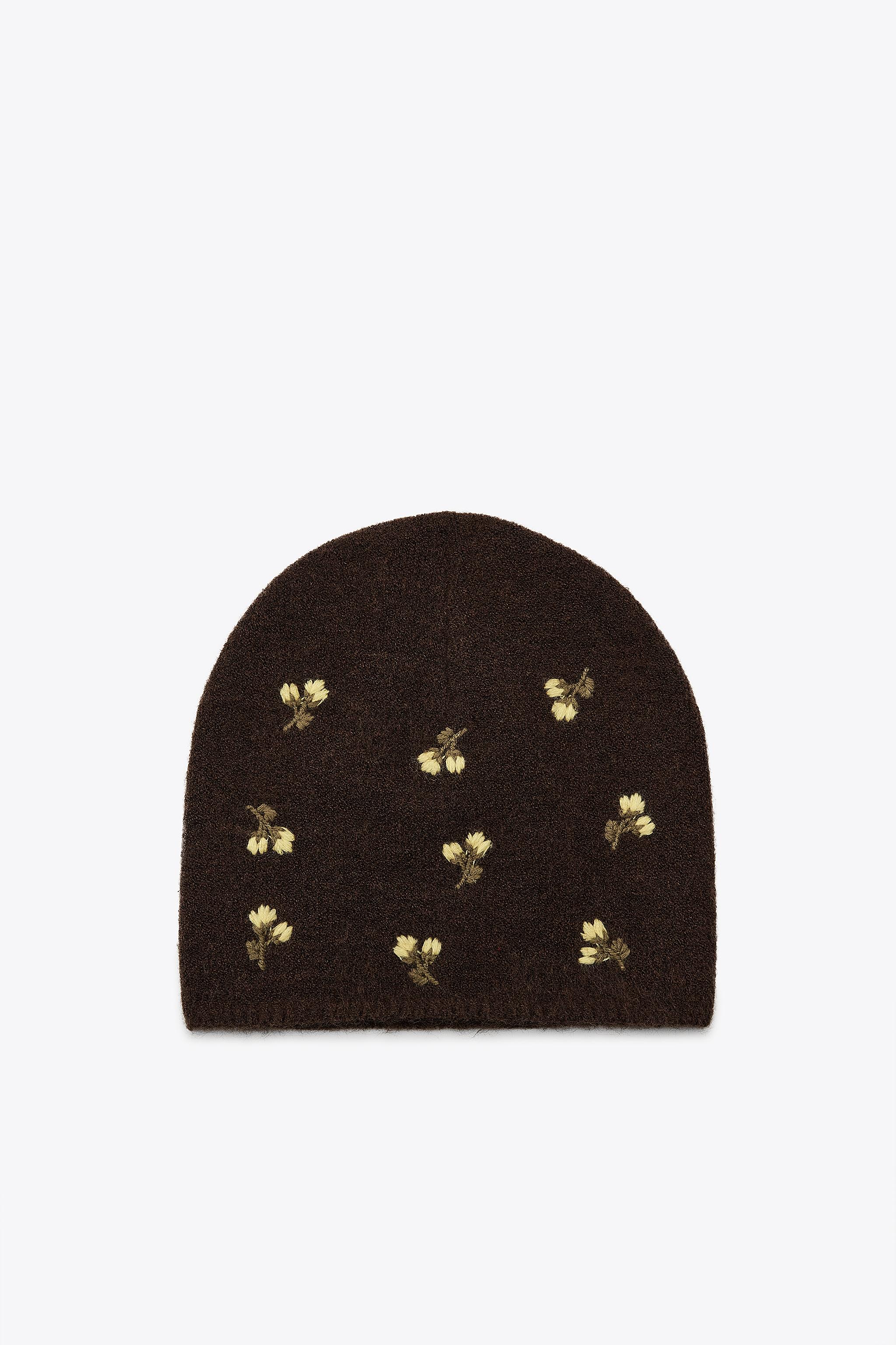 leinwände 花柄刺繍 ニット帽 ブラウン ニット ビーニー 花柄刺繍入りハット - ブラウン | ZARA Japan