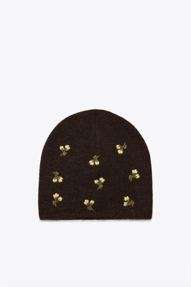 BERRETTO BEANIE IN MAGLIA CON RICAMI FLOREALI - Marrone di Zara