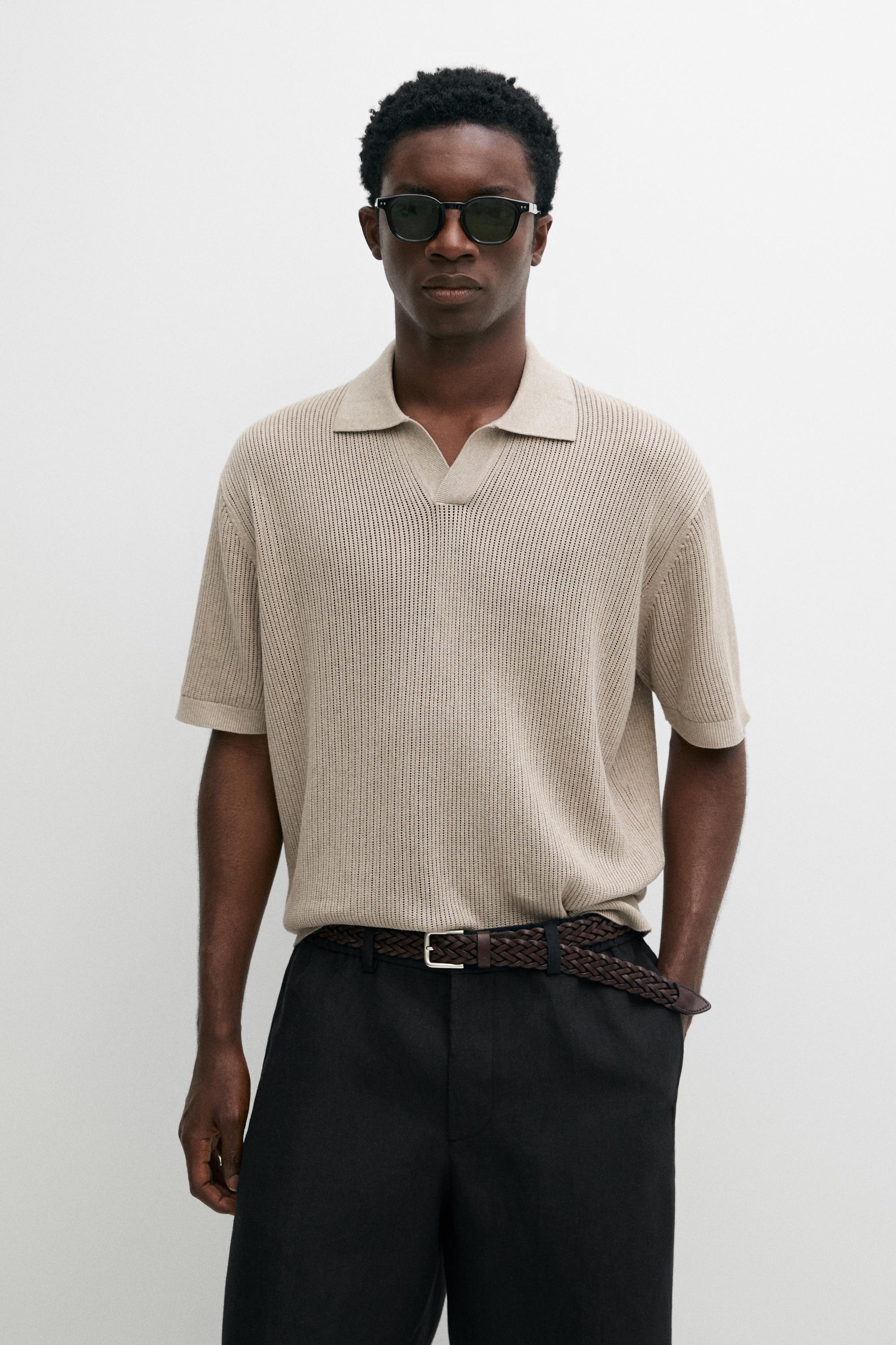 Cotton-blend V-neck knit polo shirt — Mink