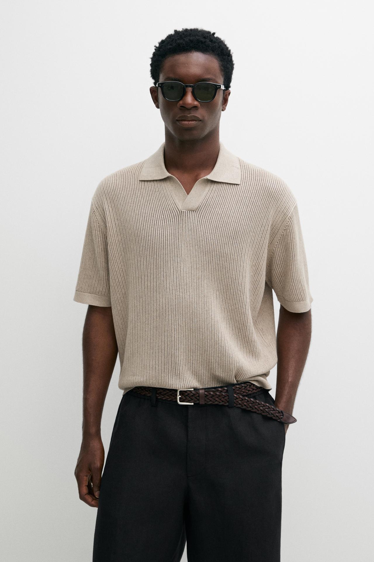 Cotton-blend V-neck knit polo shirt — Mink