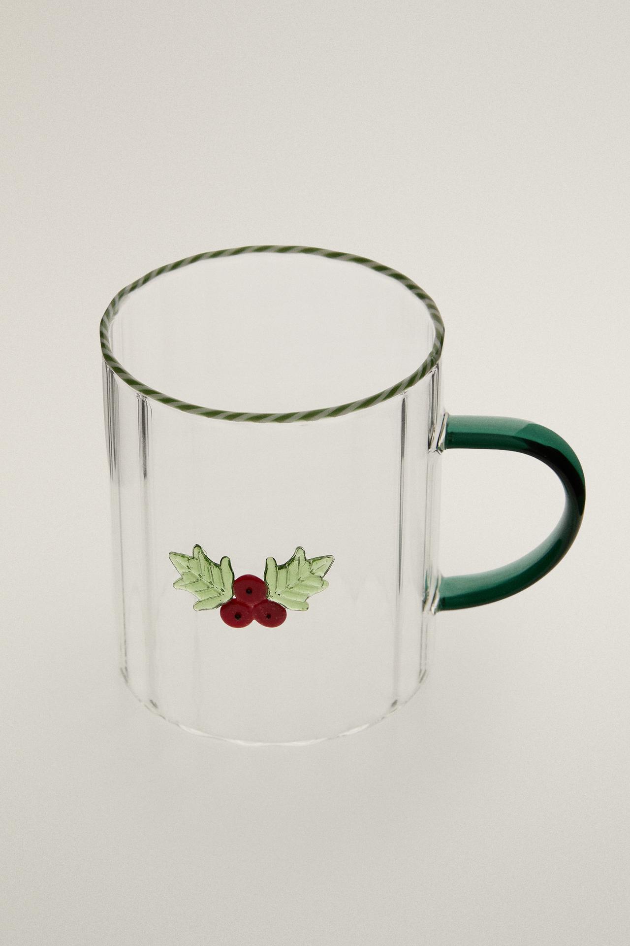 CHRISTMAS HOLLY BOROSILICATE GLASS MUG — Green