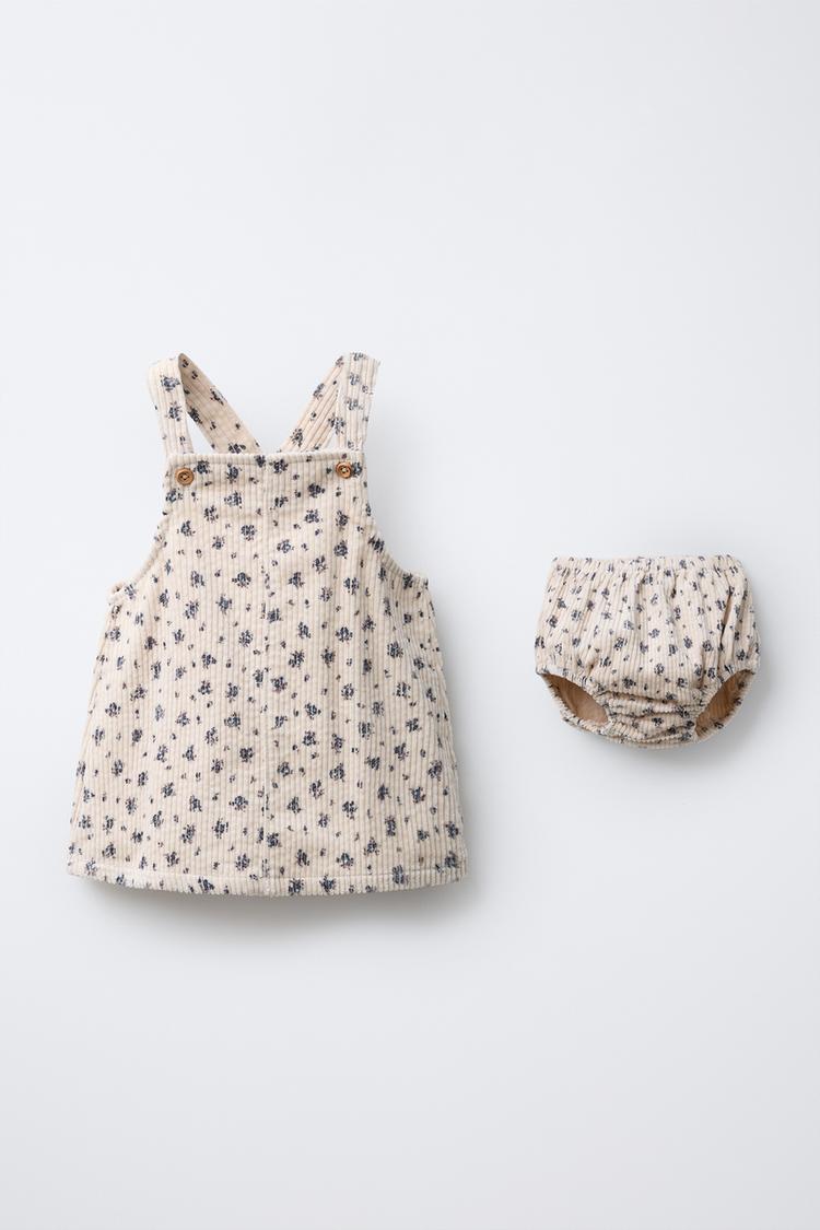 CORDUROY PINAFORE DRESS AND FLORAL KNICKERS SET Ecru ZARA