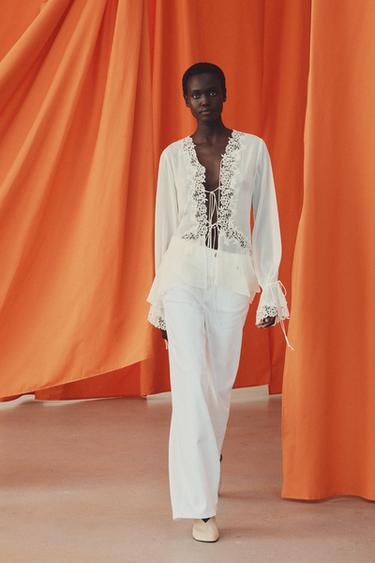 Zara ZW COLLECTION COMBINATION LACE BLOUSE - Ecru