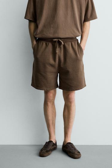 Zara 基本款水洗慢跑短褲 - 棕色