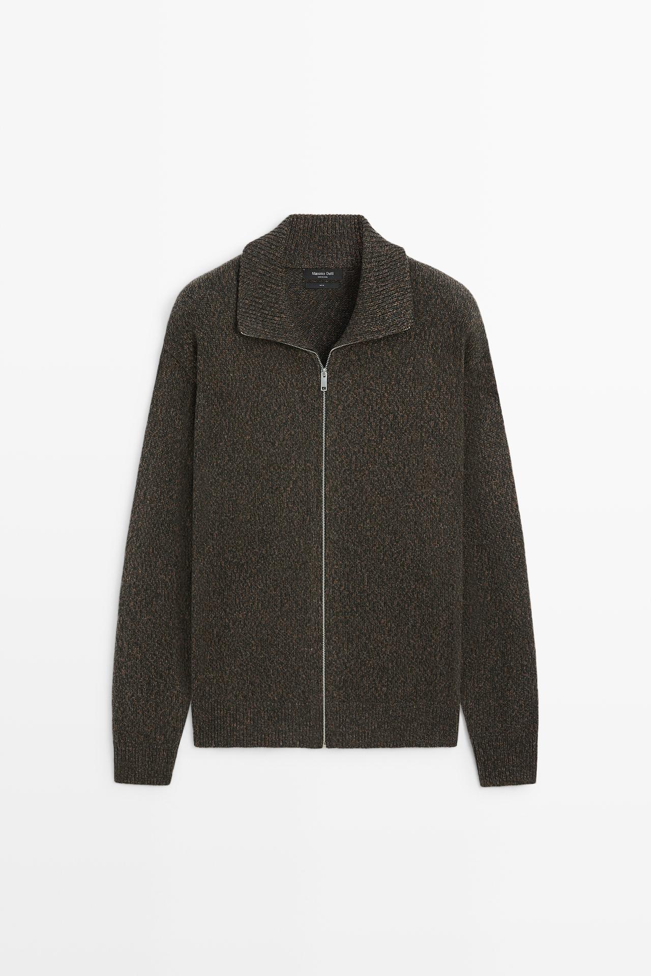100% wool knit zip-up cardigan — Beige / Taupe brown