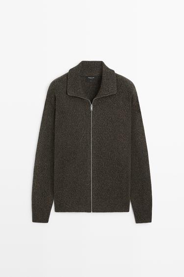 100% wool knit zip-up cardigan — Beige / Taupe brown 1