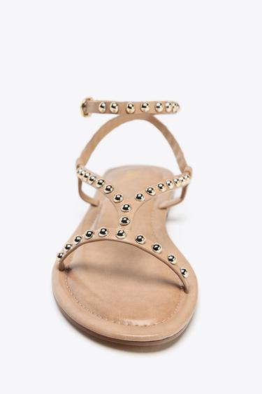 SANDALS WITH METALLIC BEADED STRAPS - Beige by Zara - Image 3