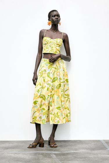 Zara PRINTED LINEN CROP TOP - yellow - Image 0