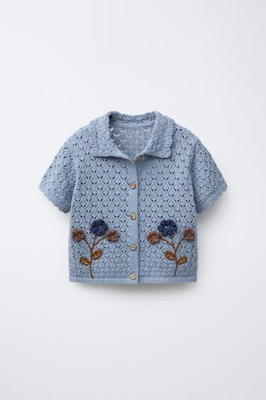 Zara CROCHET FLOWER KNIT POLO SHIRT - Light blue