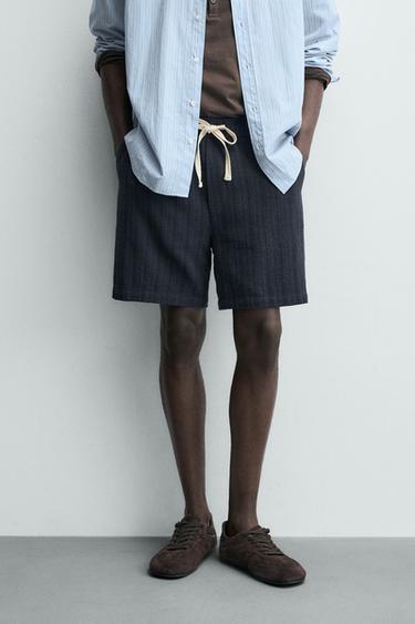 Zaras SHORTS I GEOMETRISK JACQUARD - Marinblå