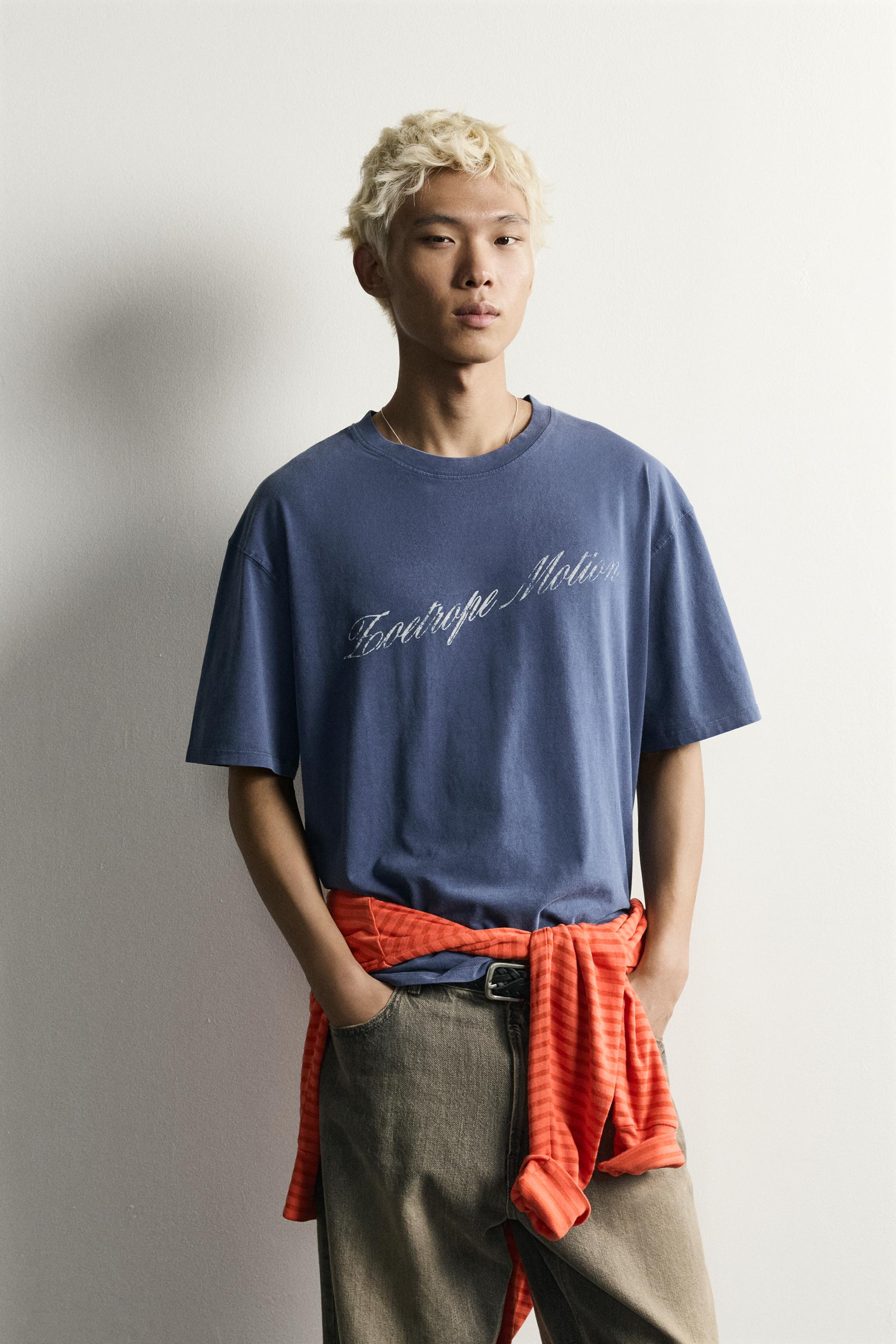 WASHED PRINT BOXY FIT T-SHIRT — Blue