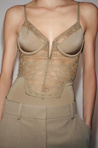 POLYAMIDE LACE BODYSUIT - Olive Green by Zara
