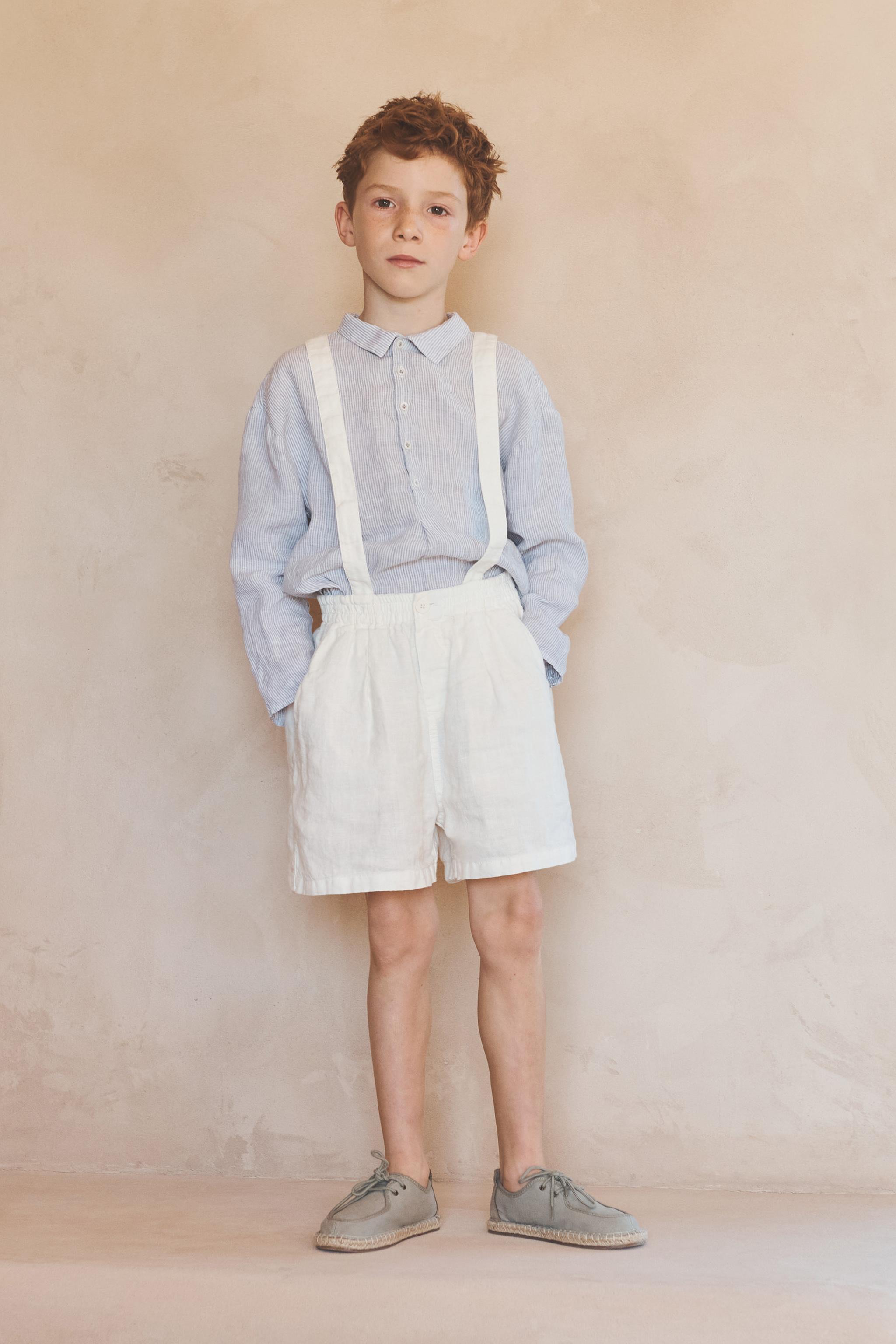 6-10 YEARS / 100% LINEN BERMUDA SHORTS WITH REMOVABLE BRACES LIMITED EDITION — Ecru