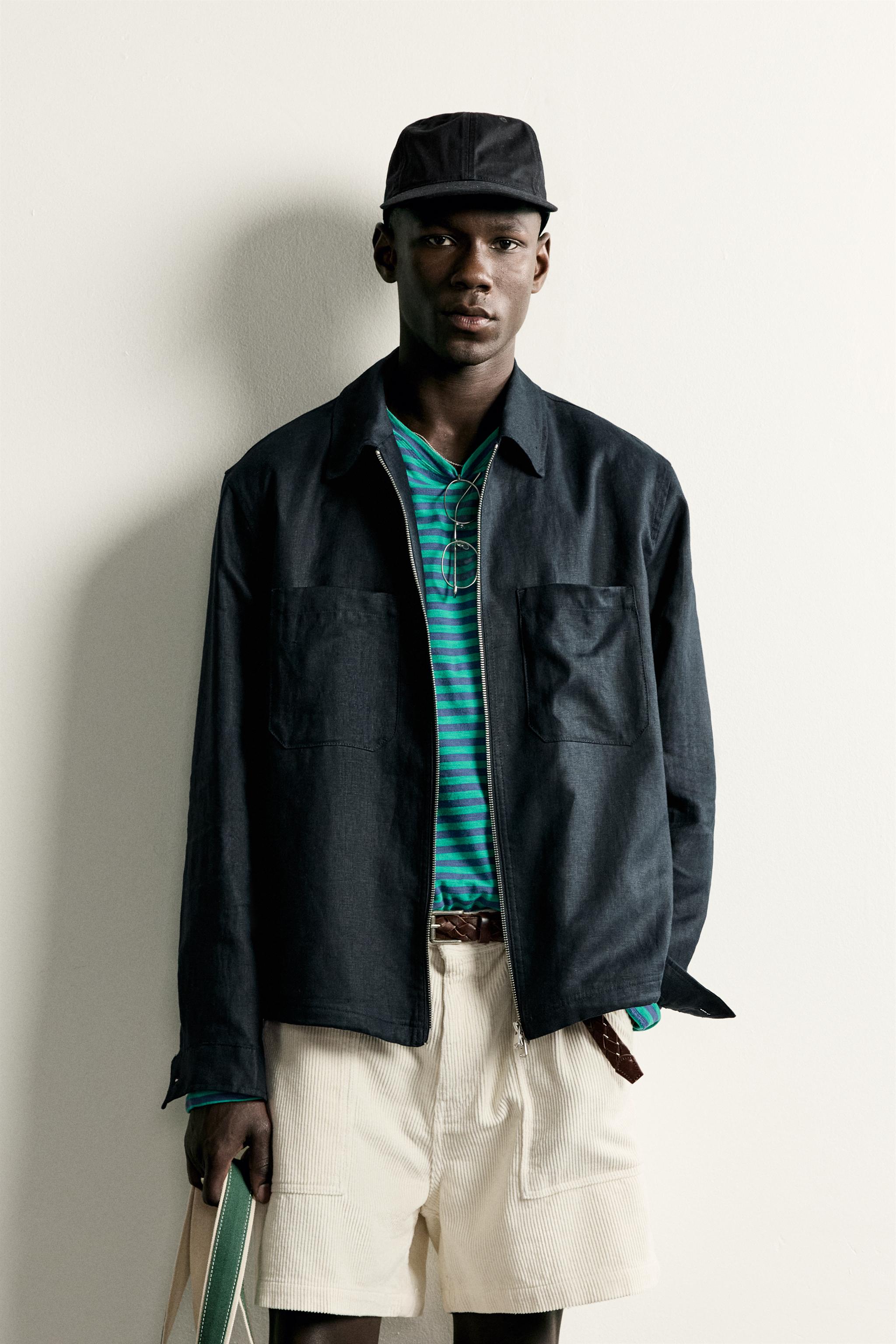 100%リネン ジップアップシャツジャケット - ネイビーブルー | ZARA