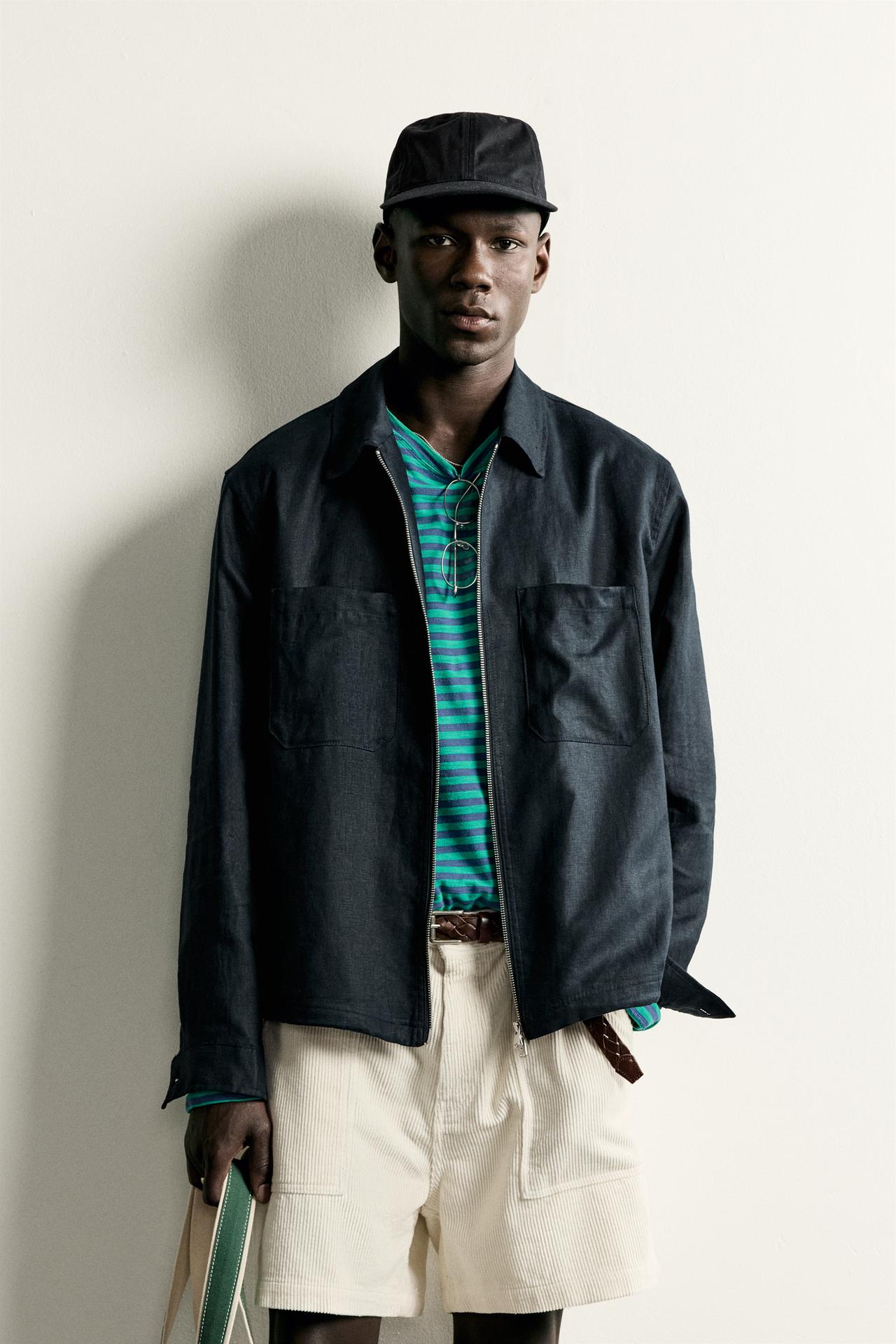 100% LINEN ZIP-UP OVERSHIRT — Navy blue