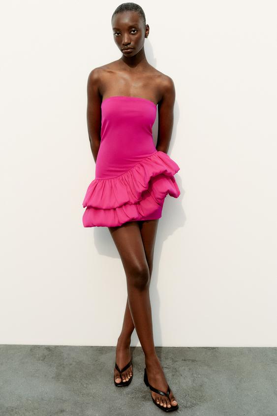 hot pink dress zara Knitted Wool Blend Maxi neckline and spaghetti straps that cross at the back ZARA Fitted Bodycon Mini Dress