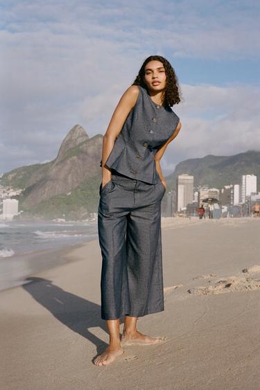PANTALÓN CULOTTE CON LINO - Índigo claro de Zara