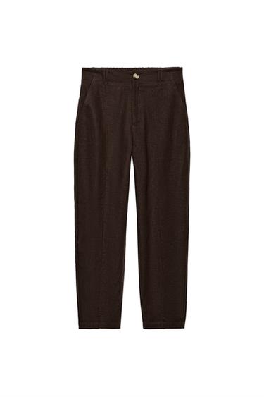 PANTALON CARROT AVEC NERVURES ET LIN - Marron foncé de Zara