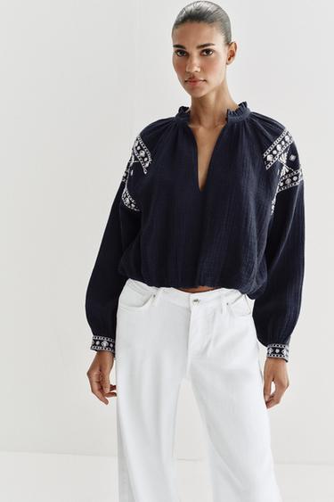 Zara EMBROIDERED BALLOON SHIRT - Navy blue