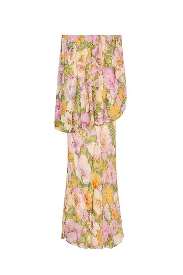 Long skirt with floral print in pink, yellow, and green tones on a white background. Flowy and lightweight design.