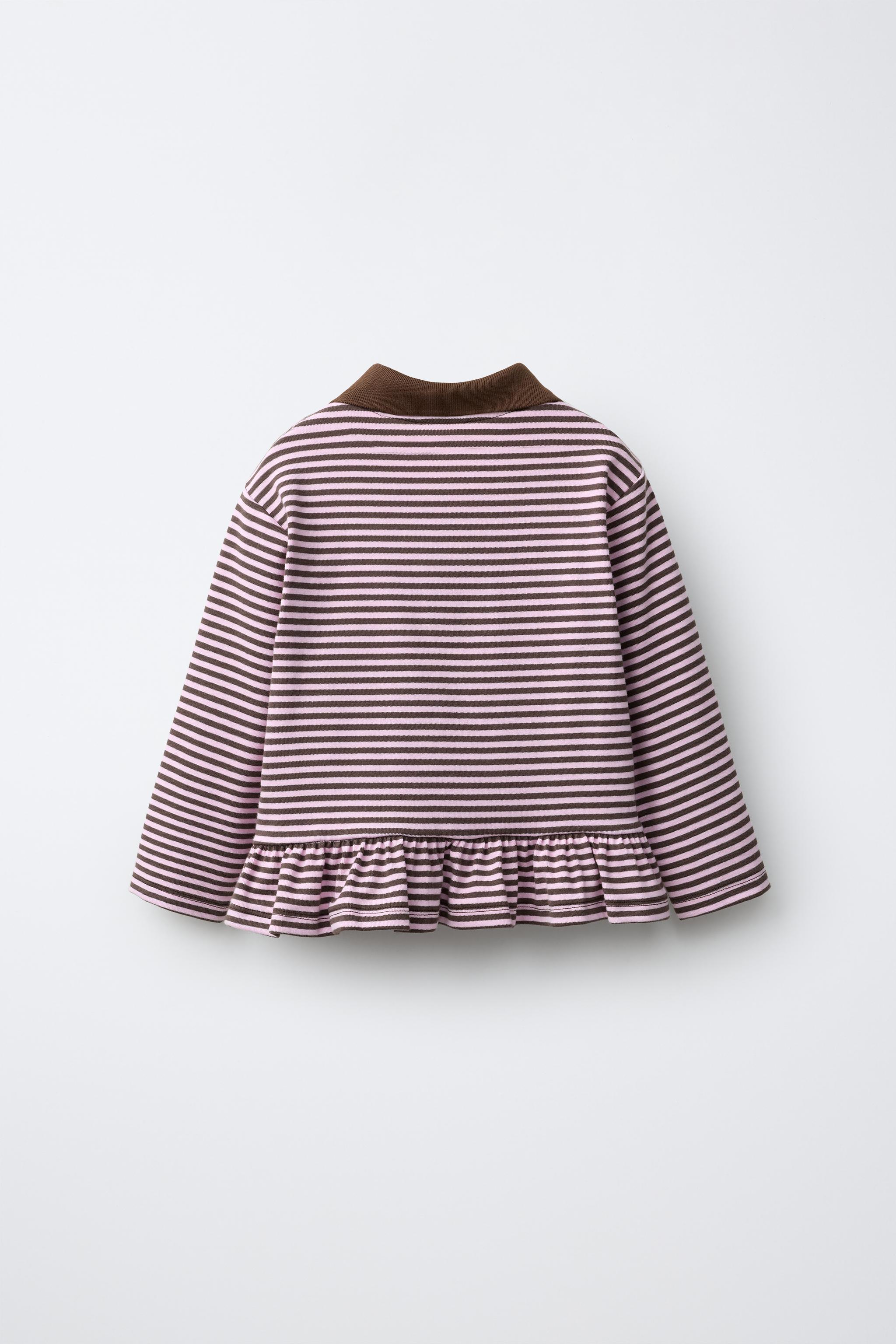 STRIPED PEPLUM POLO SHIRT — Chocolate brown