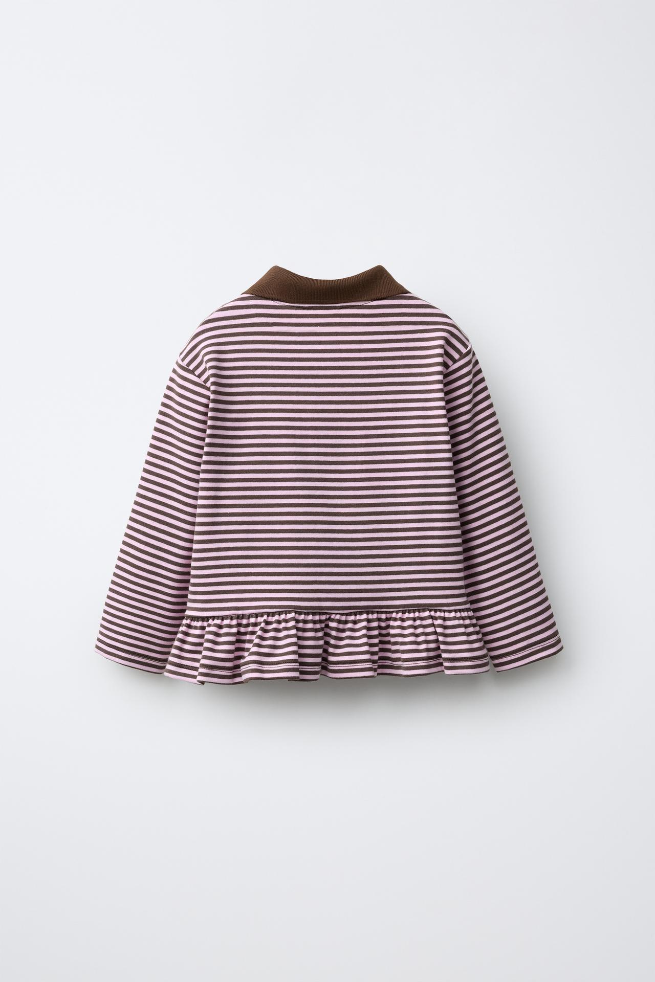 STRIPED PEPLUM POLO — Chocolate brown