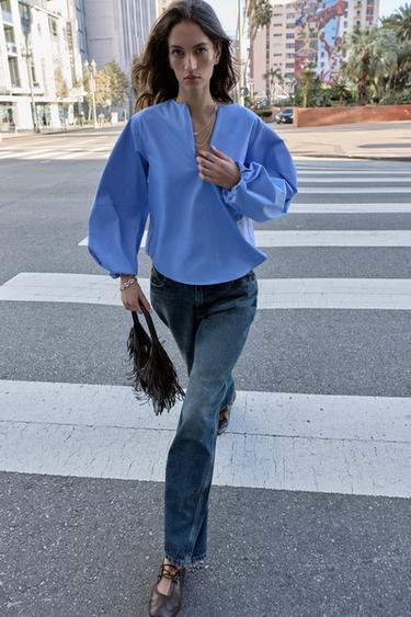 CAMISA MANGA GLOBO POPELINA - Azul claro de Zara