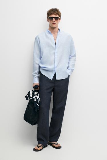 Zara 100% linen regular fit pinstriped shirt - Sky blue - Image 0