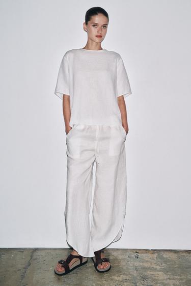 Zara ZW COLLECTION LINEN PANTS WITH VENTS - White