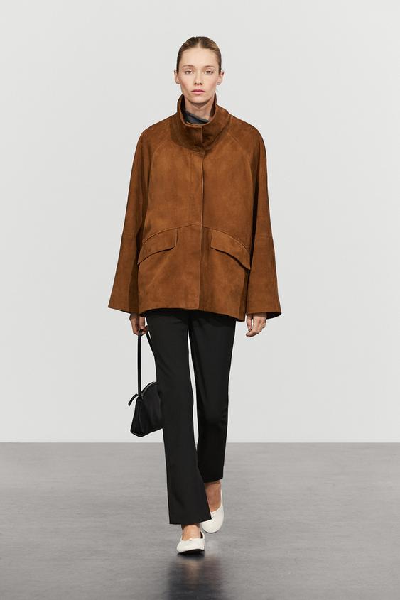 Zara Nubuck leather high collar coat - Russet - Image 0