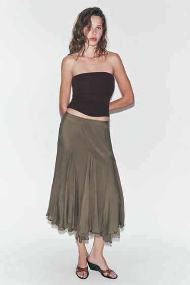 FLOWING GODET SKIRT WITH LACE - Dark khaki by Zara - Image 0