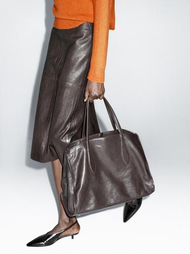 Zara Straight nappa leather midi skirt with slit - Brown