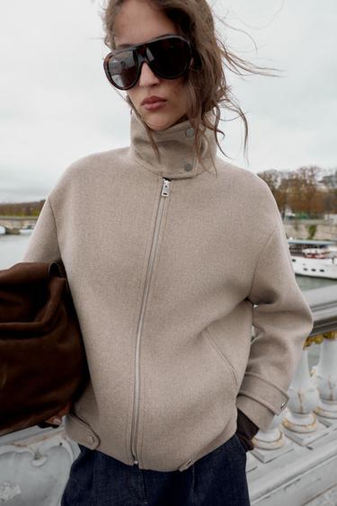 WOOL BLEND BOMBER JACKET WITH HIGH NECK - Light mink by Zara