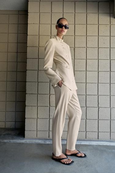 FITTED JACKET WITH LINEN AND SHOULDER PADS - Light beige by Zara - Image 2