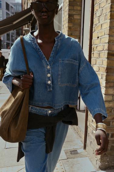 Zara MANDARIN COLLAR DENIM SHIRT - Mid-blue