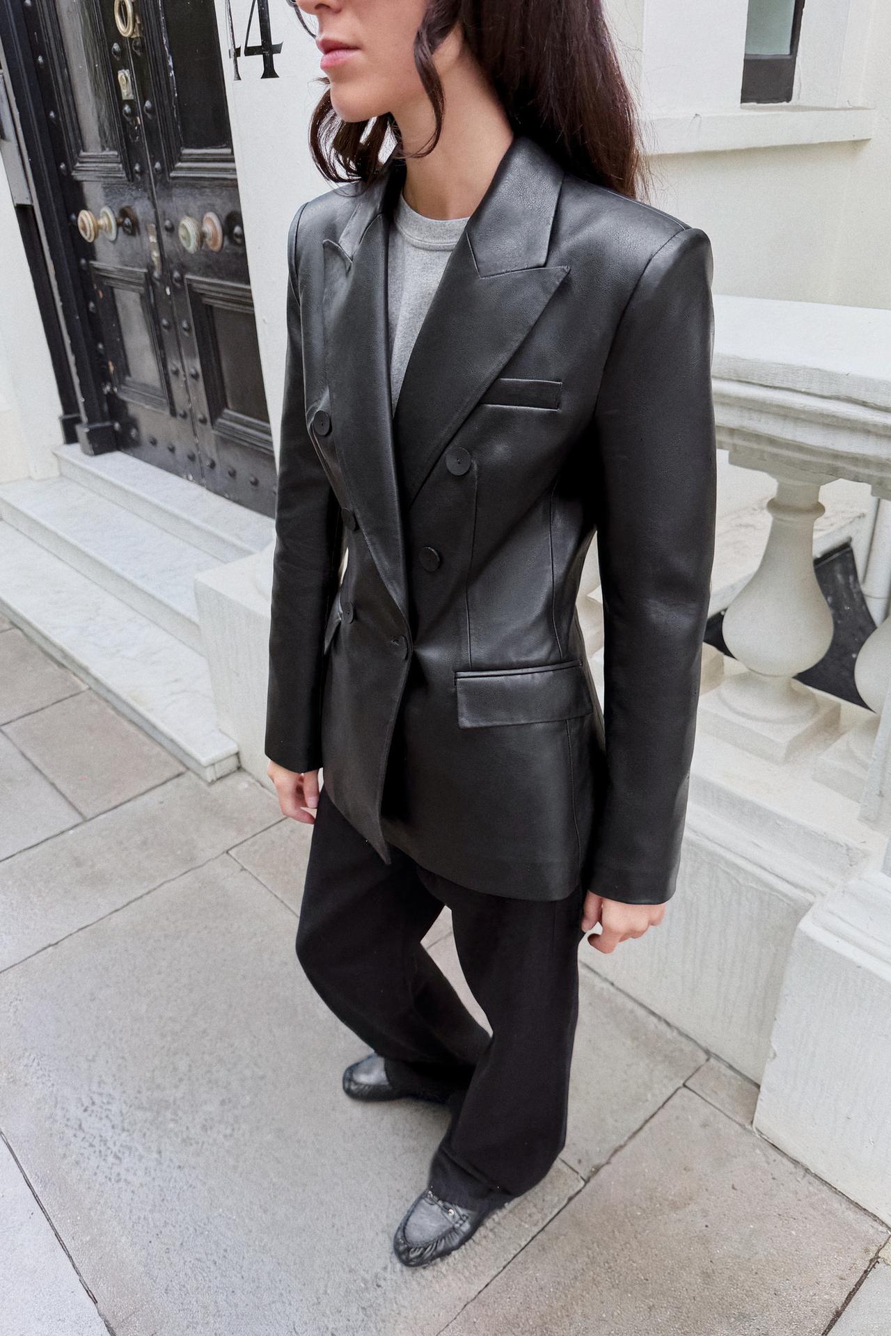FAUX LEATHER DOUBLE-BREASTED BLAZER — Black