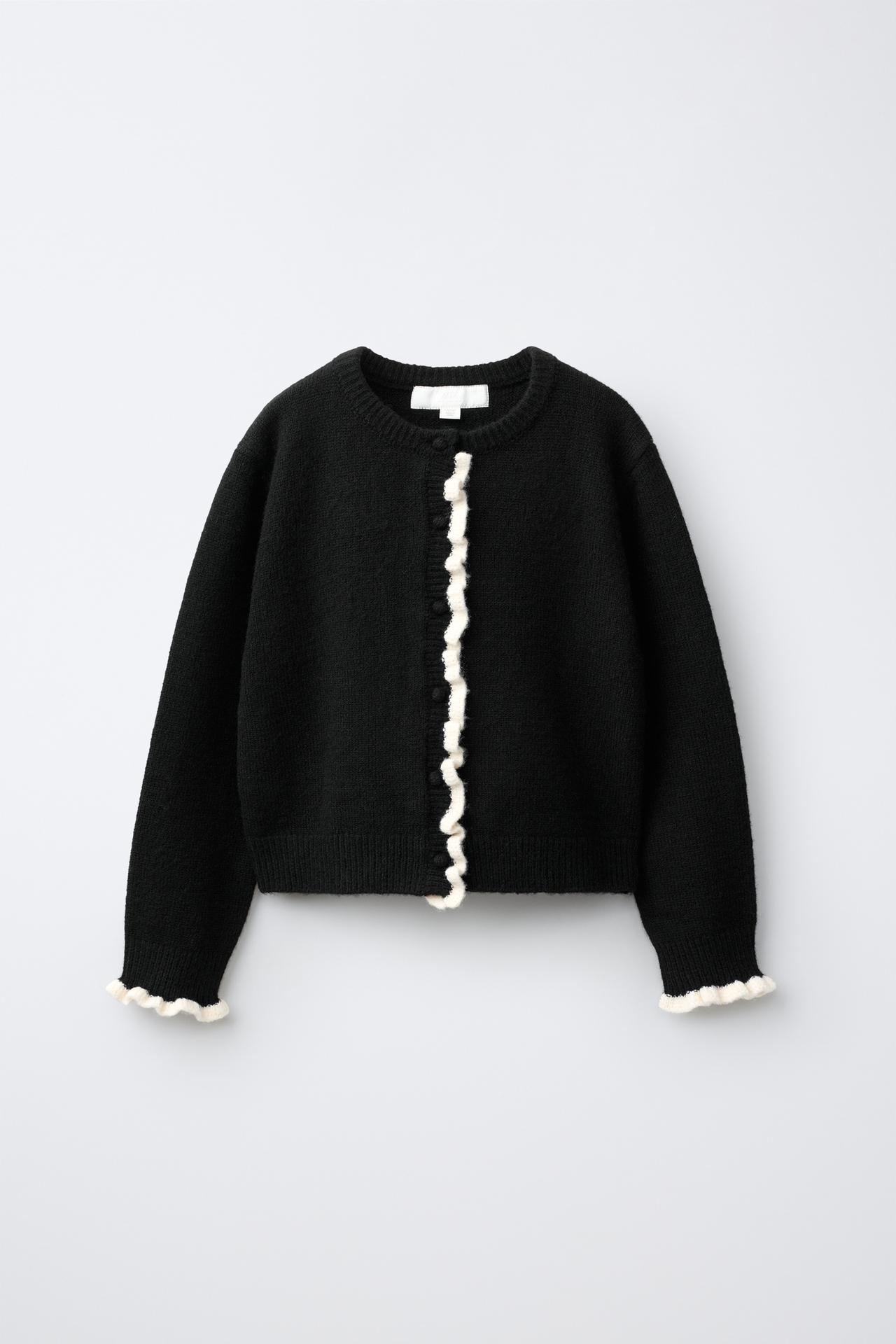 CONTRAST RUFFLE CARDIGAN — Black