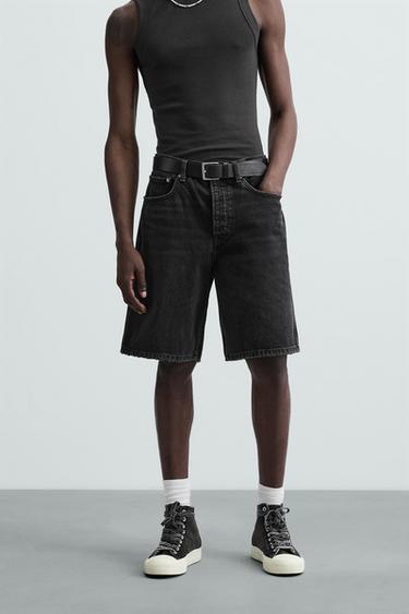 Zara STRAIGHT FIT DENIM SHORTS - Charcoal