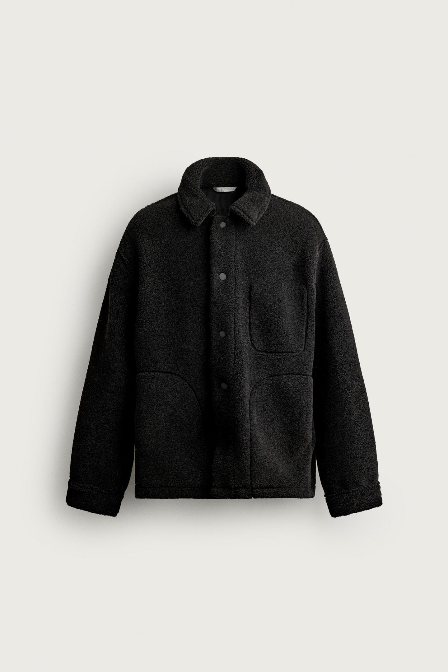 Мужская рубашка-куртка Zara из искусственной овчины, с карманом, цвет: Чёрный — фото 7