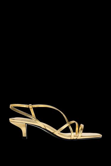 LEATHER KITTEN HEEL SANDALS - Gold by Zara - Image 0