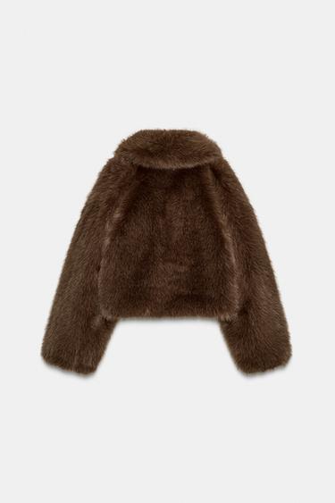 Zara SHORT FAUX FUR COAT - Brown