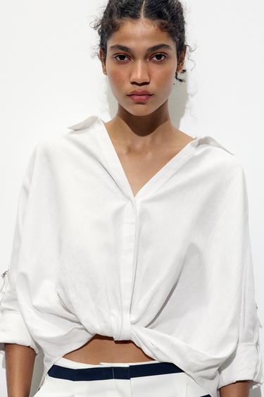 CAMISA NUDO CON LINO - Blanco de Zara
