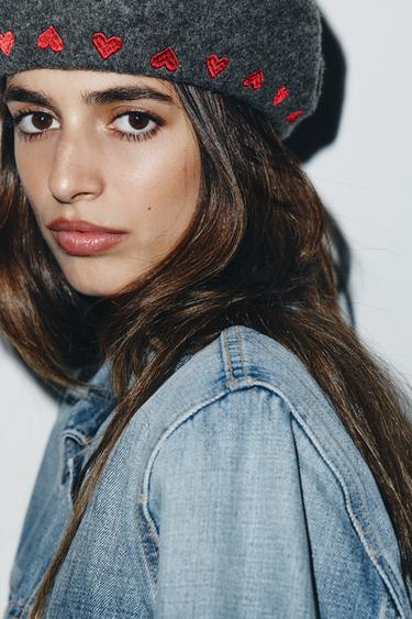 Zara 100% WOOL HEARTS BERET - Gray