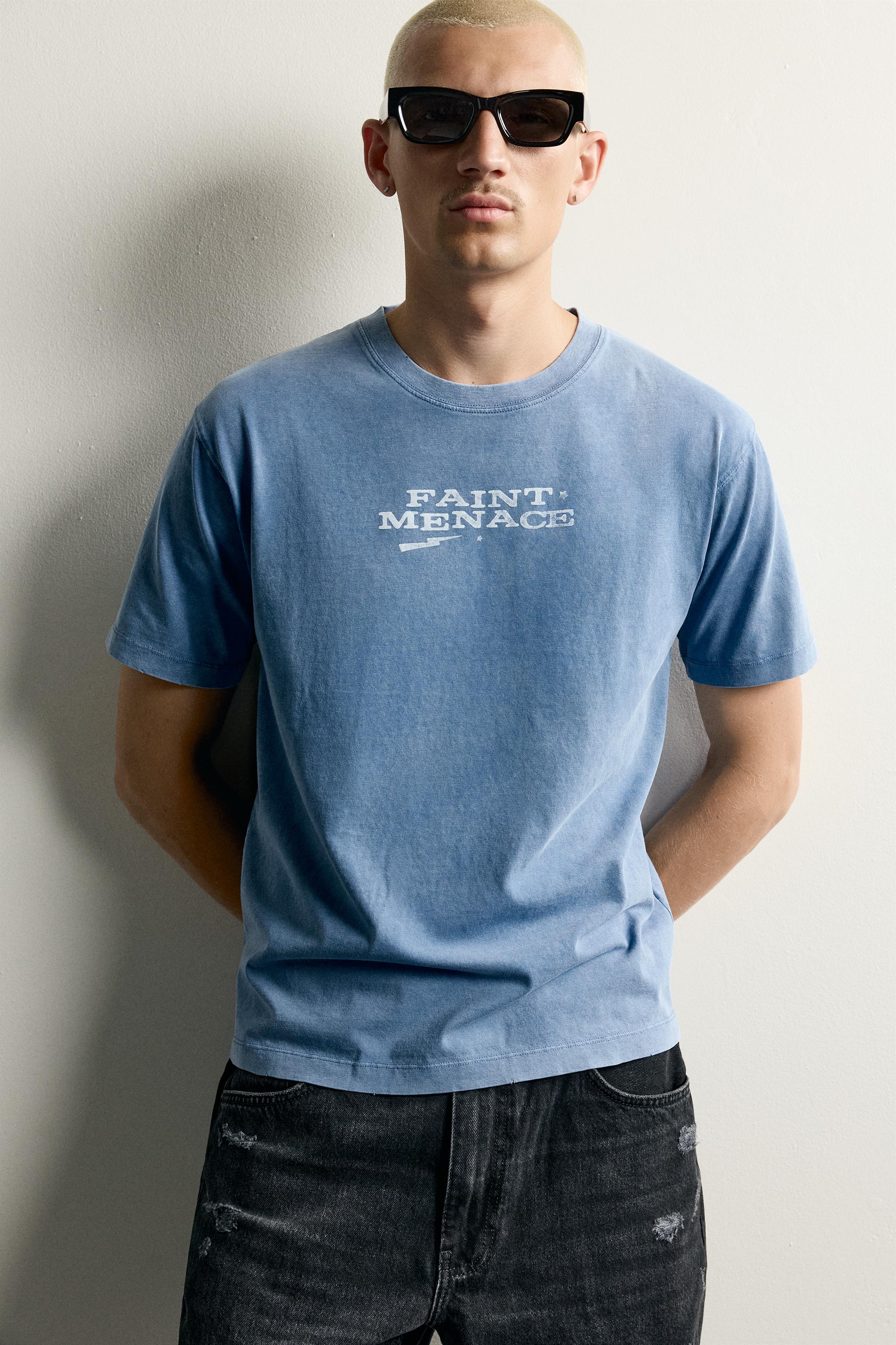CAMISETA LAVADA COM ESTAMPA DE TEXTO - Azul-celeste | ZARA Brasil