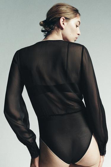 CONTRAST LACE RUFFLED BODYSUIT - Black by Zara - Image 2