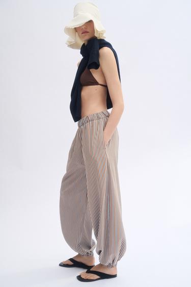 Zara ZW COLLECTION STRIPED BALLOON PANTS - Brown-Blue