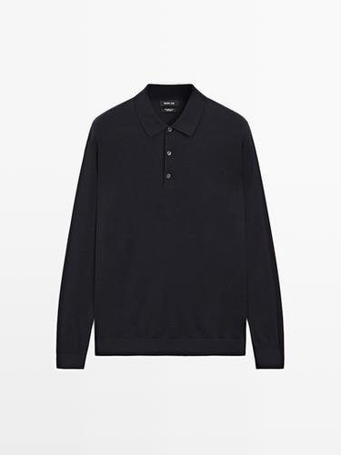 Zara 100% merino wool knit polo jumper - Navy blue