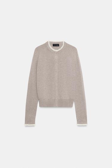 CARDIGAN WITH LACE TRIM - Mink by Zara