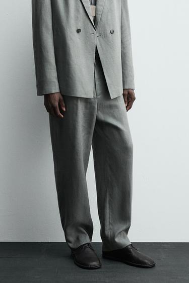 Zara 100% LINEN SUIT PANTS - Washed green